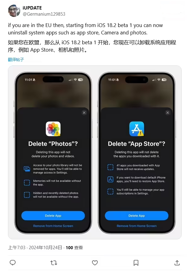 景洪苹果手机维修分享iOS 18.2 支持删除 App Store 应用商店 