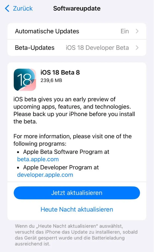 景洪苹果手机维修分享苹果 iOS / iPadOS 18 开发者预览版 Beta 8 发布 